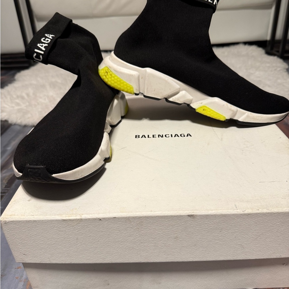 Balenciaga Black and White Sock Sneakers with Yellow Accents - Picture 3 of 5